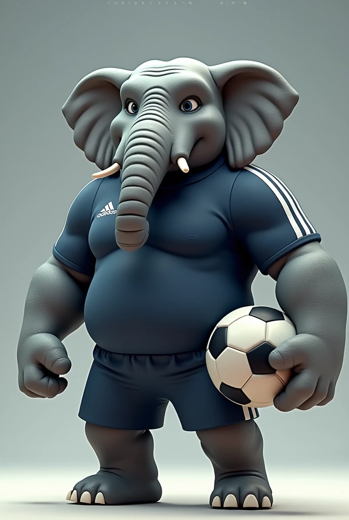 An animated elephant with a strong warrior look, He is standing in a dynamic pose like that of a football player.. He holds a soccer ball with one of his paws. He is wearing a dark blue sports shirt with white vertical stripes., similar to football shirts. The background of the image is simple, or it could represent a football field. The scene conveys energy and power.