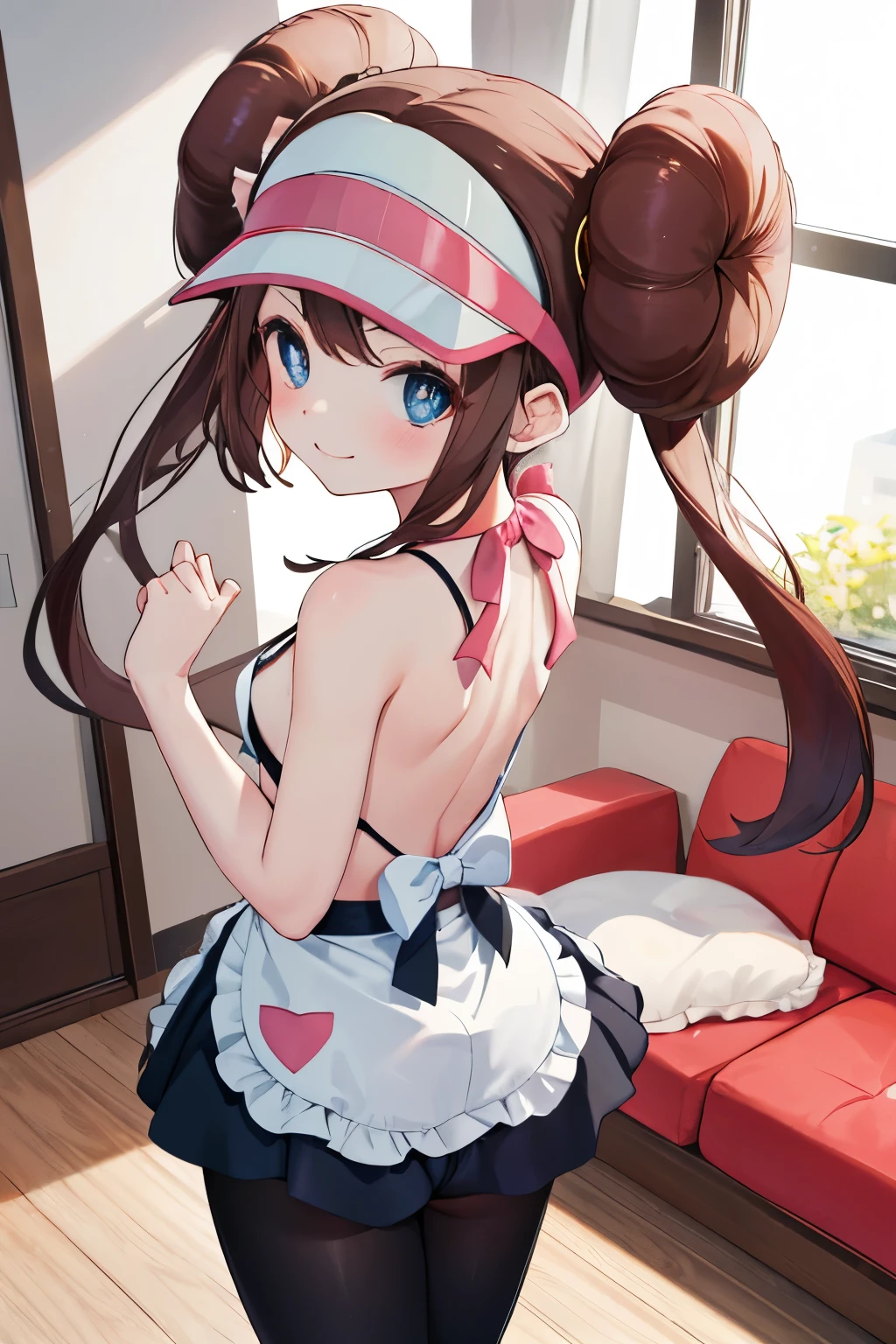 masterpiece, best quality, highres, ro1, hair bun, blue eyes, twintails, visor cap, (pink panties, pink bra, 1.2)pink bow, wristwatch, standing, cowboy shot, bedroom, smile, blushing, skirt lift,