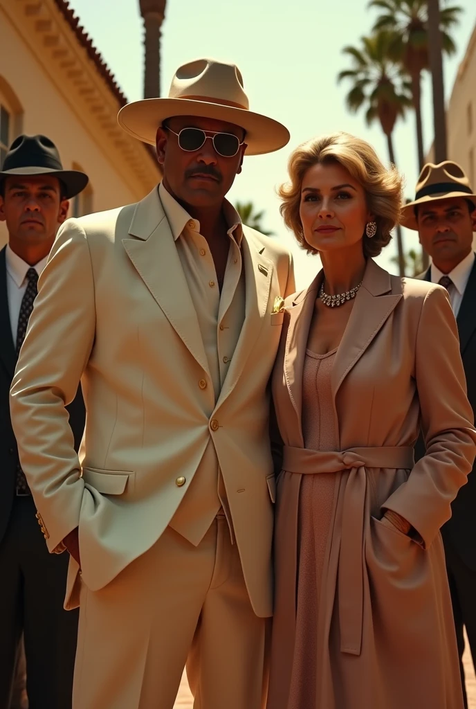 create an image of a series like the Godfather but with a family of Mexicans that takes place in Los Angeles in the 90s. The costumes must be narcos-like. They must have a more rich Mexican aesthetic like Slim must have, Don and his wife, both 60 years old. They must wear light-colored clothing, Panama hat , tipo old money, but mexicans