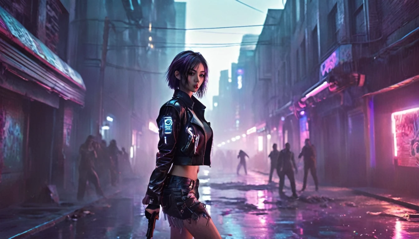 1 girl,beautiful,cyberpunk style,Bling Bling Bling Bling,motion blur,Hold the gun.,Zombies are all over the city.,Leaning against the wall,Cinematic lighting effects