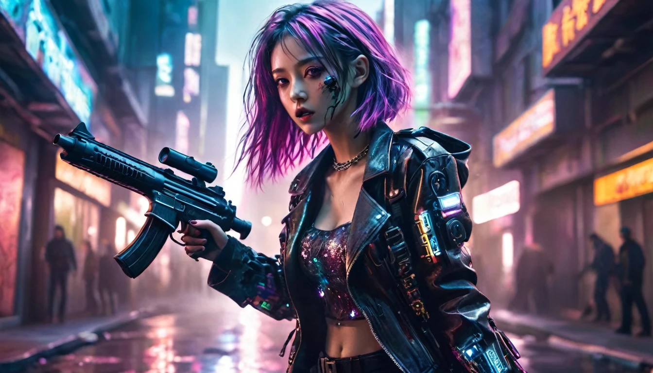 1 girl,beautiful,cyberpunk style,Bling Bling Bling Bling,motion blur,Hold the gun.,Zombies are all over the city.,Leaning against the wall,Cinematic lighting effects
