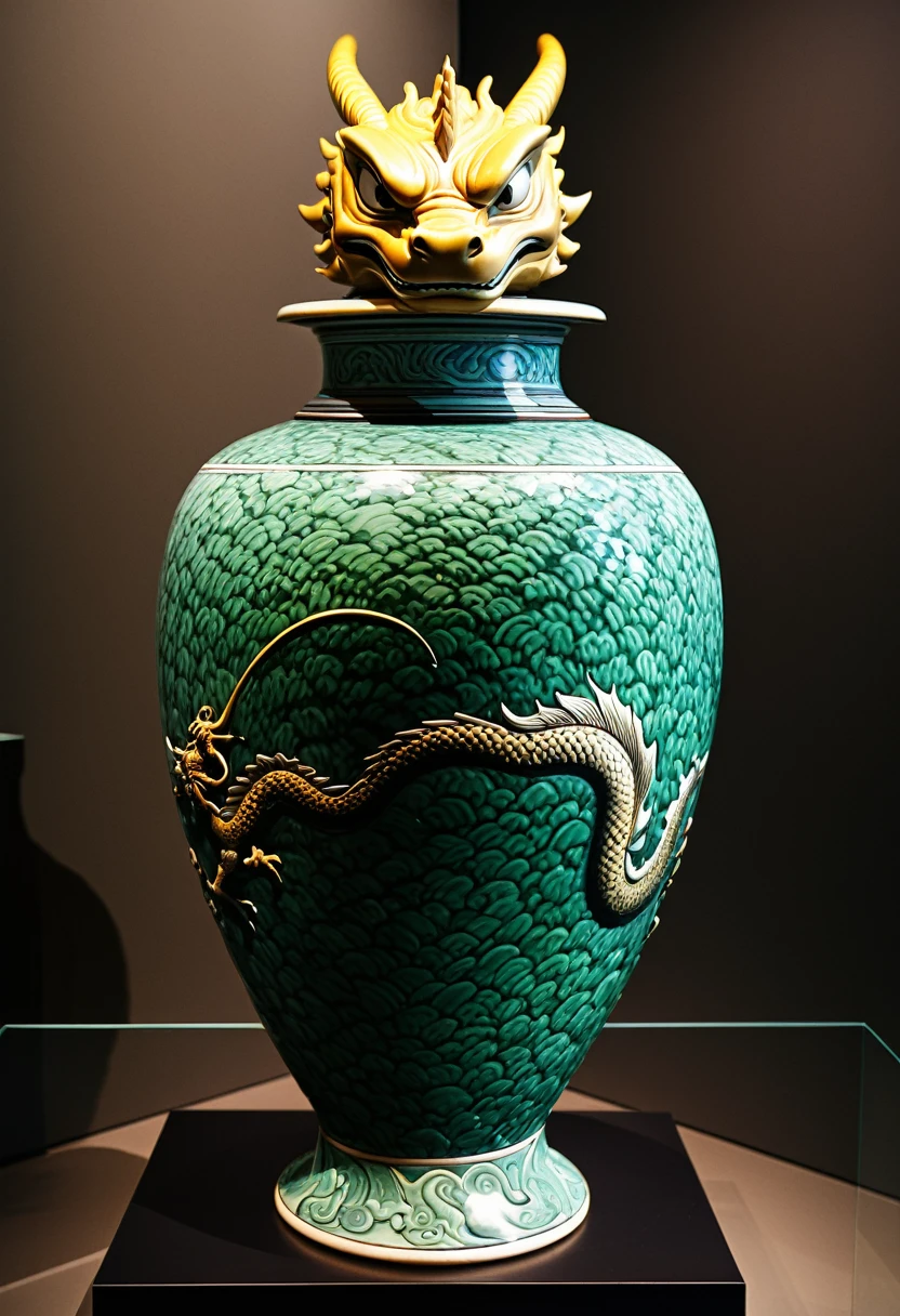 In the museum, a series of chinese ceramic vessels with a long history are exhibited, which witness the development of human civilization. The colors are mainly based on the colors of ceramics and warm tones of museums, while the lighting of museums is the main source of light and shadow. The details are reflected in the sense of time and historical traces of ceramics. Beautiful cinematic lighting, surreal, color graded, dynamic movement, captivating chiaroscuro, full body, award-winning, cinematic still, emotional, vignette, dynamic, vivid, (masterpiece, best quality, photorealistic, Professional, perfect composition, very aesthetic, absurdres, ultra-detailed, intricate details:1.3)