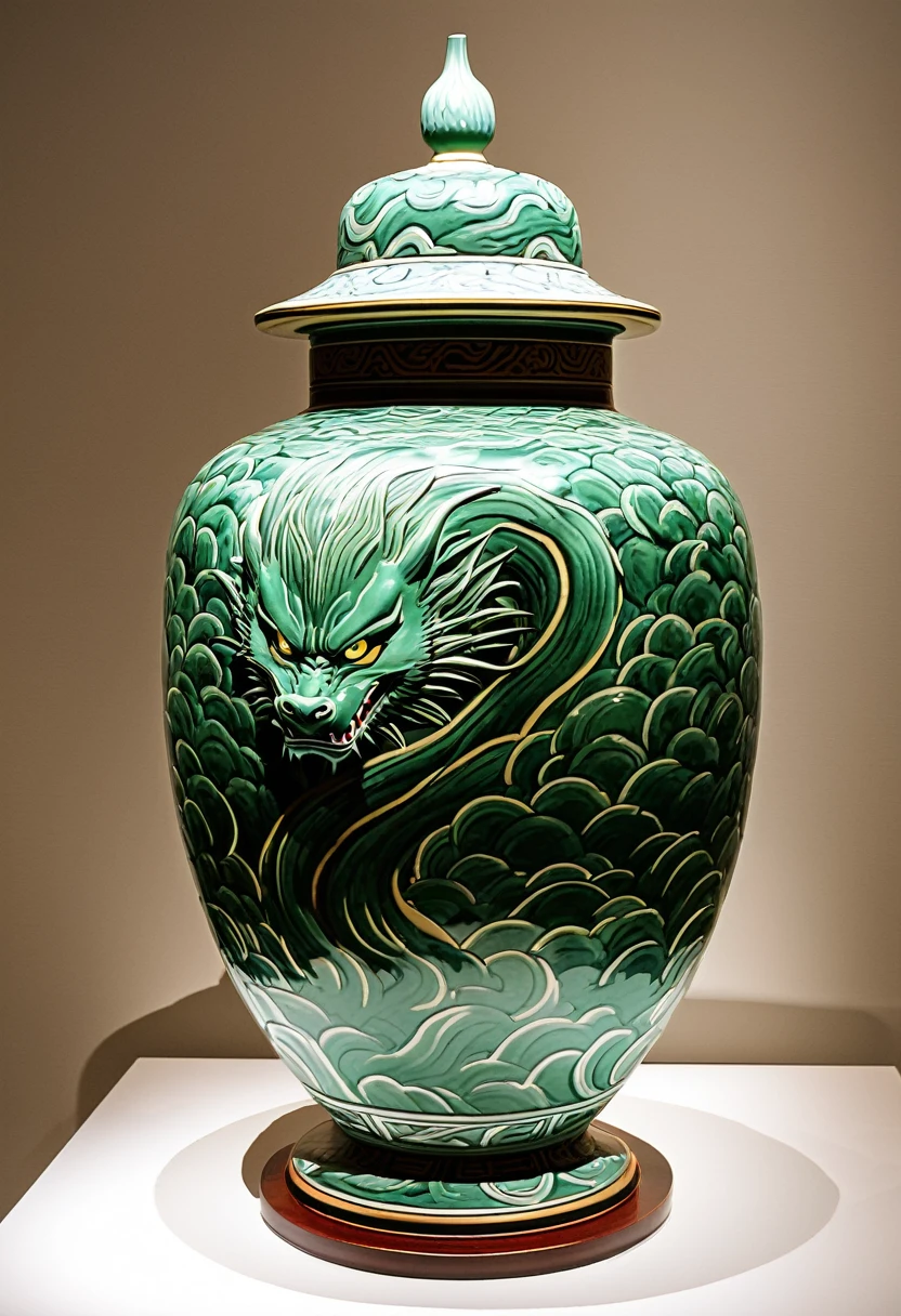 Ancient Japanese ceramic Urn, depiction of Saitama from One Punch Man confused dead dragon nearby, ancient artistic stylings, museum display case
