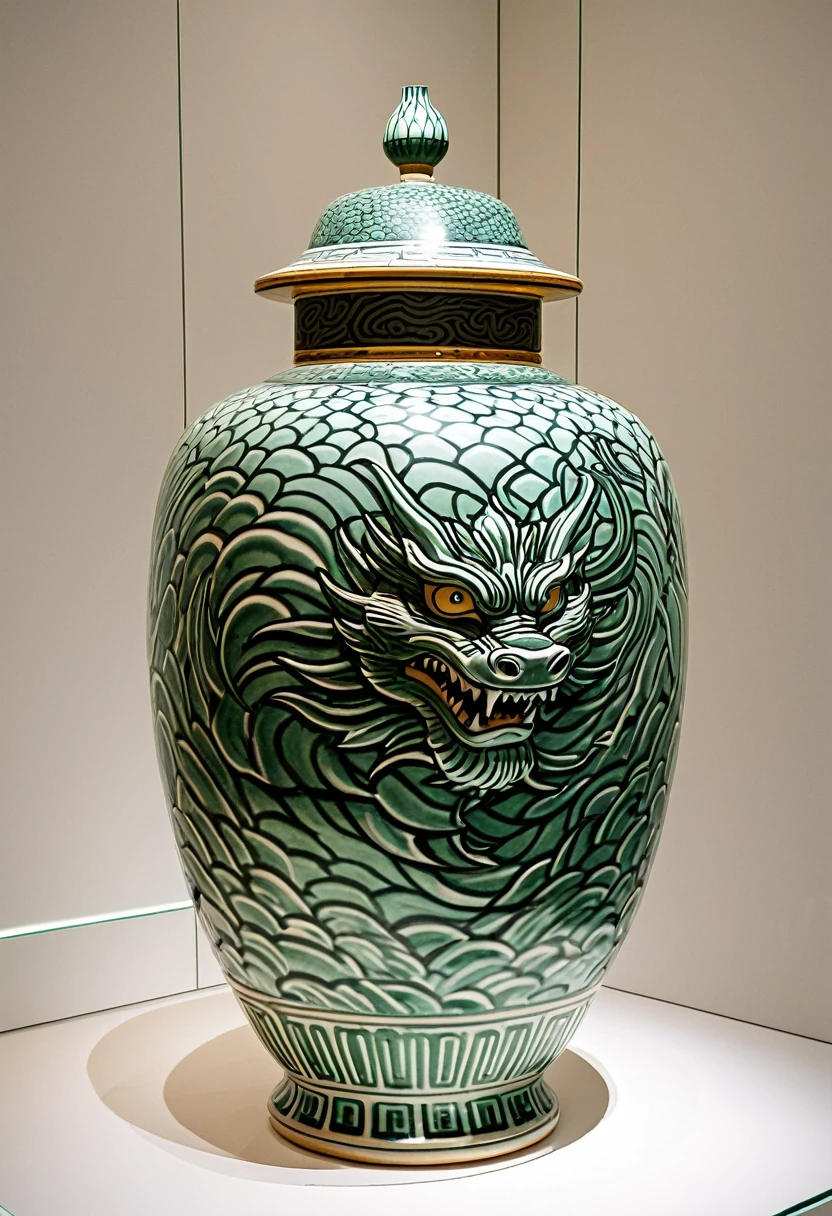 Ancient Japanese ceramic Urn, depiction of Saitama from One Punch Man confused dead dragon nearby, ancient artistic stylings, museum display case
