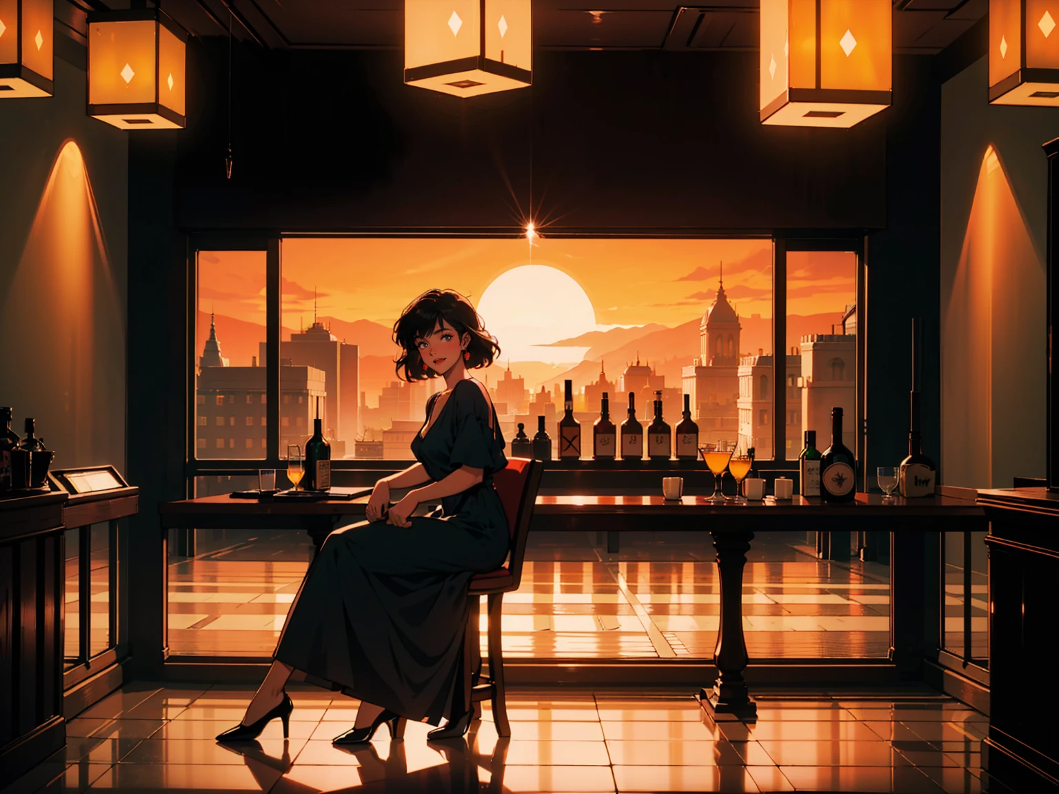 Classic bar counter in a luxury hotel,Cocktail,A dress with atmosphere, Adult woman sitting on a chair , smile, (Backlight: 1.1), A scene from a movie, Soft Shadows, masterpiece, Highest quality, Complex, Model shooting style, Film Grain, Wide Shot、Red lipstick、Blue tones