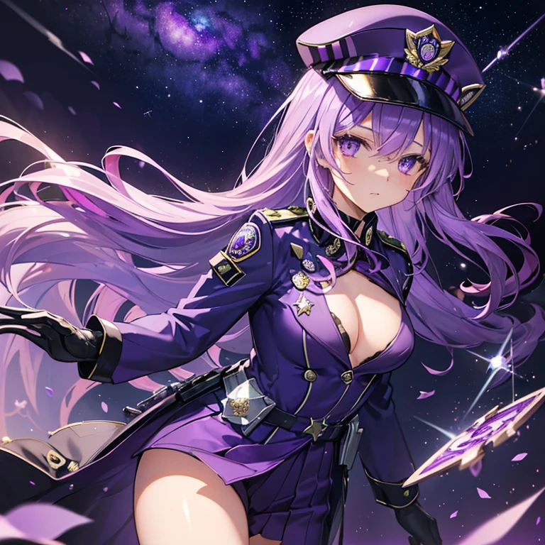 ((Fantasy　Purple Hair　Long Hair　Purple eyes　Female police officer　Star Badge　policeman's cap　Chest opening　Lonely　despair))　((Spade playing card　Broken glass　gloves　milky way))　(comet　moon)　Catch the wind　autumn　Glowing purple background　Particles of light, Shining Edges　Low - Angle