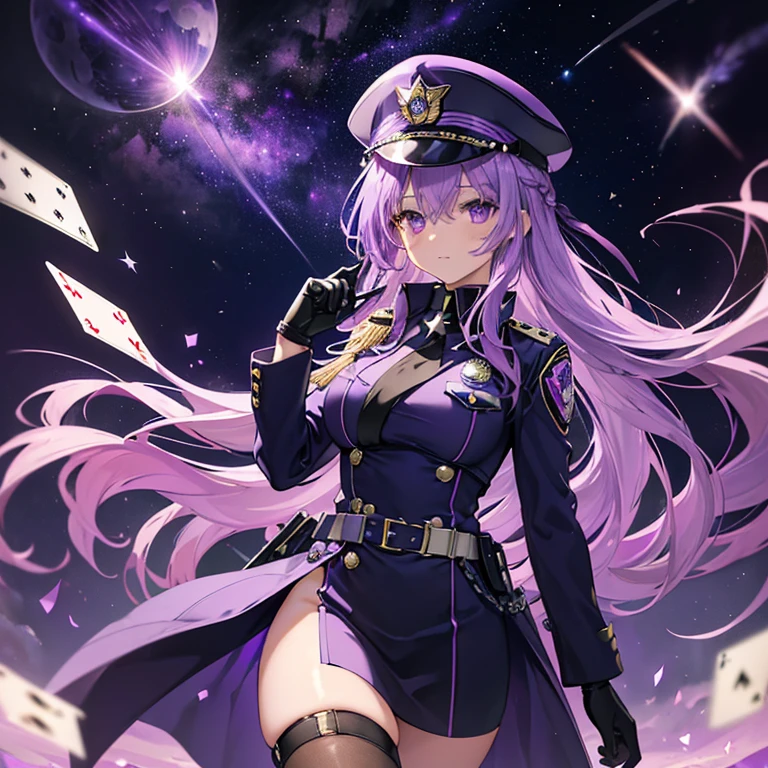((Fantasy Purple Hair Long Hair Purple eyes Female police officer Star Badge policeman's cap Chest opening Lonely despair)) ((Spade playing card Broken glass gloves milky way)) (comet moon) Catch the wind autumn Glowing purple background Particles of light, Shining Edges Low - Angle