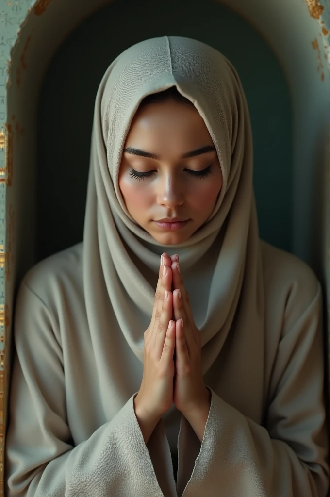 Beautiful eyes in hijab prayer in Allah with janamaz