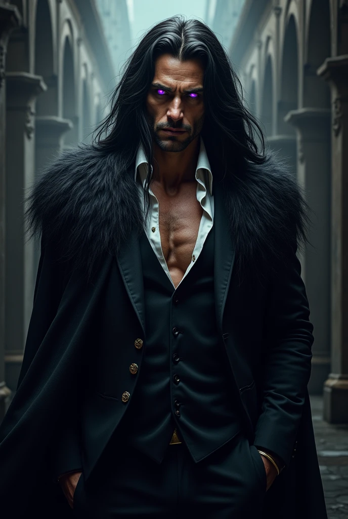 tanned man, long black fur, purples eyes, with suit
