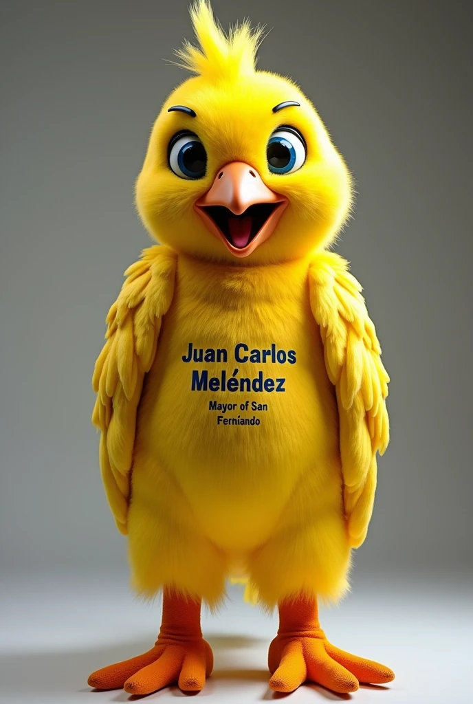 Creation of a half-body corporeal costume of a canary in the style of the Fiu mascot of the Pan American Games in Chile, be tender, friendly, familiar and that it is written on his chest "Juan Carlos Meléndez Mayor of San Fernando"