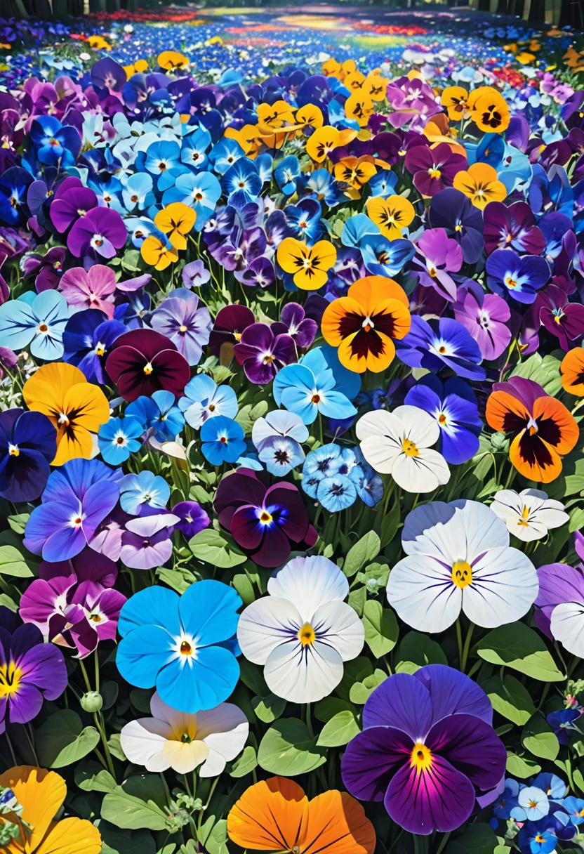 fusion of acrylic and collage paintings, high and fine artwork, nemophila, rainbow colored pansies, flower bed, shadows, contrast, conceptual installation art, (ultra detailed, absolutely resolution, best quality:1.3), 2.5D, delicate and dynamic effects, iridescent effects, artistic photography, hyper realistic, graphic CG digital art