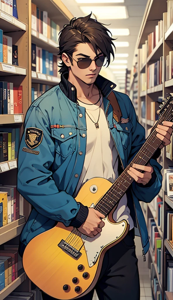 Man playing guitar in a bookstore, wearing sunglasses, jaket, fully body