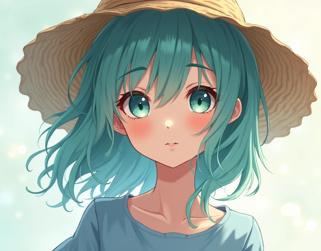 anime girl with blue hair wearing a straw hat and a blue dress, artwork in the style of guweiz, beautiful anime portrait, guweiz, beautiful anime girl, beautiful anime style, anime girl with teal hair, anime style. 8k, in the art style of bowater, beautiful digital illustration, beautiful character painting, stunning anime face portrait