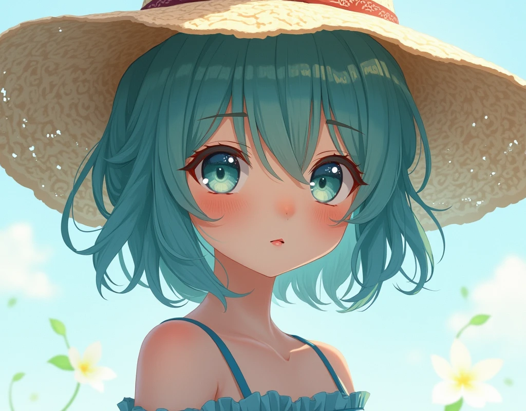 anime girl with blue hair wearing a straw hat and a blue dress, artwork in the style of guweiz, beautiful anime portrait, guweiz, beautiful anime girl, beautiful anime style, anime girl with teal hair, anime style. 8k, in the art style of bowater, beautiful digital illustration, beautiful character painting, stunning anime face portrait
