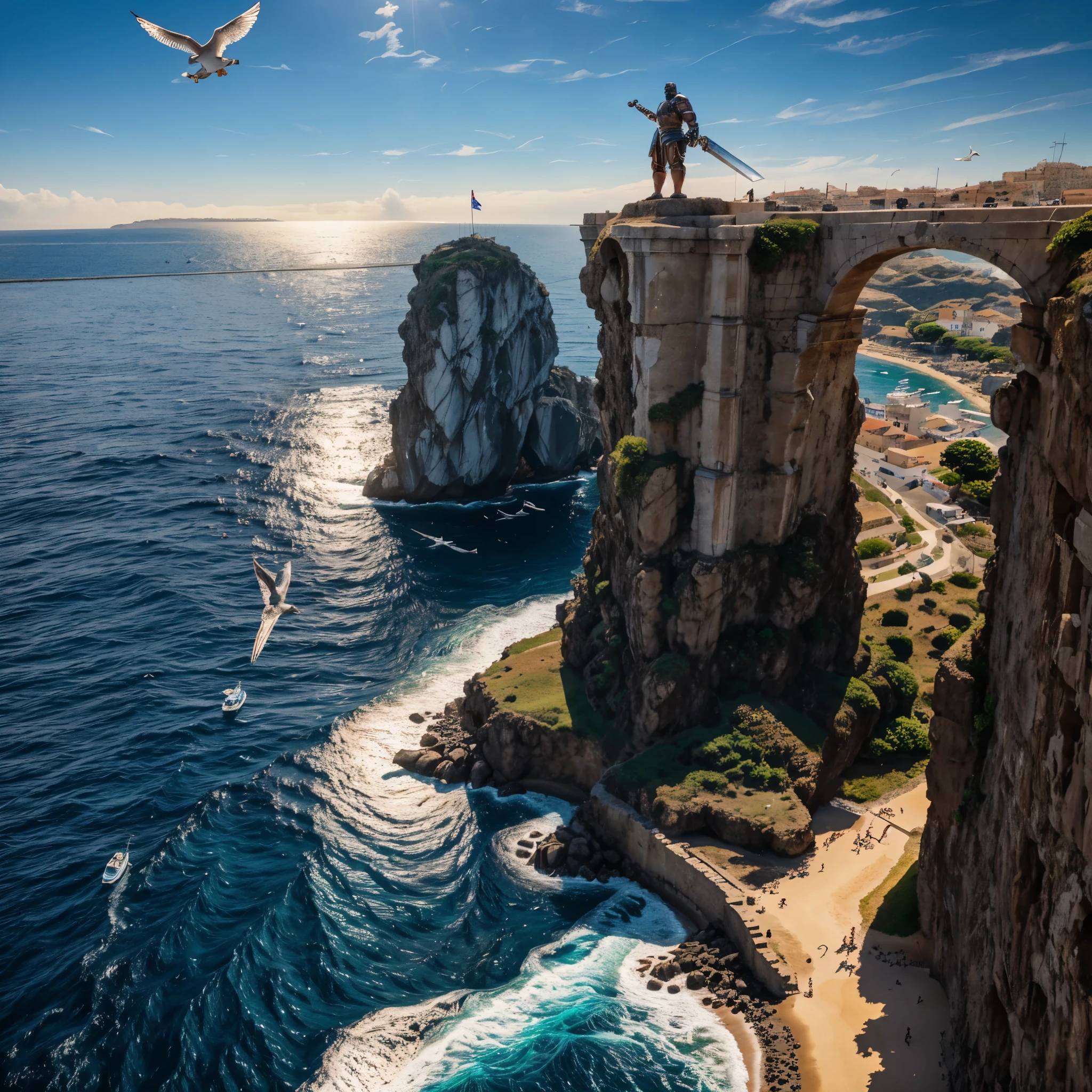 8k image, super realistic, One Big Muscle Colossus of Rhodes facing with legs spread, on two rocks and the sea passing between your feet, holding one sword of Conan with his right hand, with gladiator armor on ful body, with head gladiator armor, perfect face, perfect hands, at the entrance to the port of Santos in the country Brazil, with perfect seagulls flying in the background, boats passing between the legs of the Colossus of Rhodes. Sunny day.