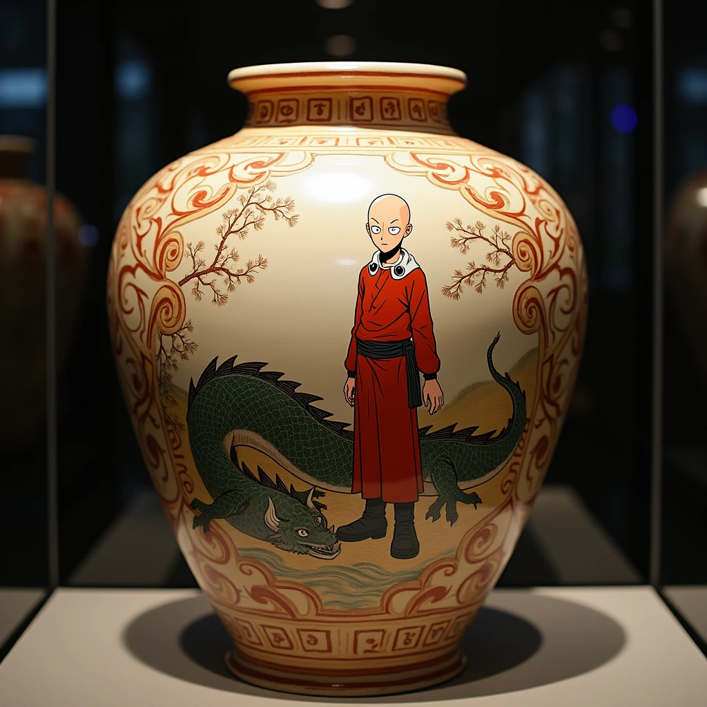 Ancient Japanese ceramic Urn, depiction of Saitama from One Punch Man confused dead dragon nearby, ancient artistic stylings, museum display case