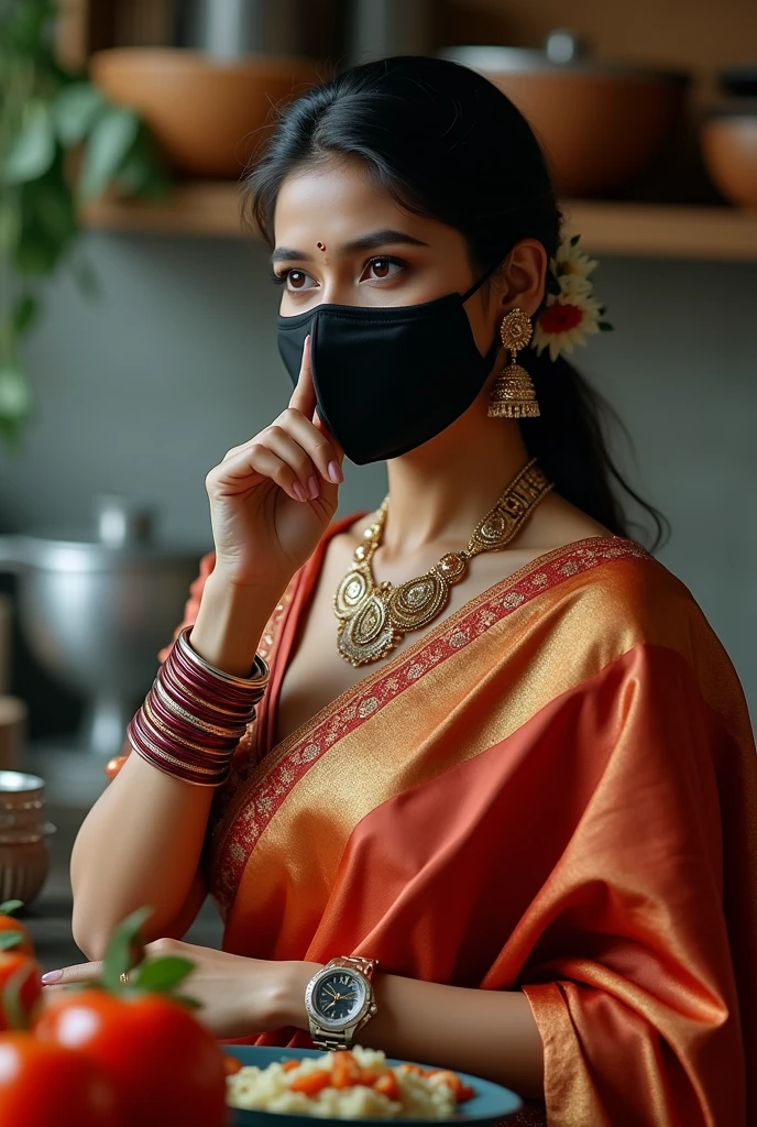 A beautiful indian lady cooker wear black mask in his face and watch in left hand and bangles in two handcooking logo 