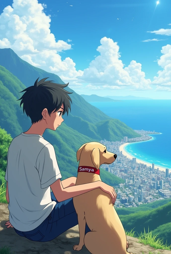 a teen Ager anime boy sit on a mountain in her tshirt samya has been written he see  the full city and sea  her hand on a labrador dog her belt tela was writed a very summer day 
