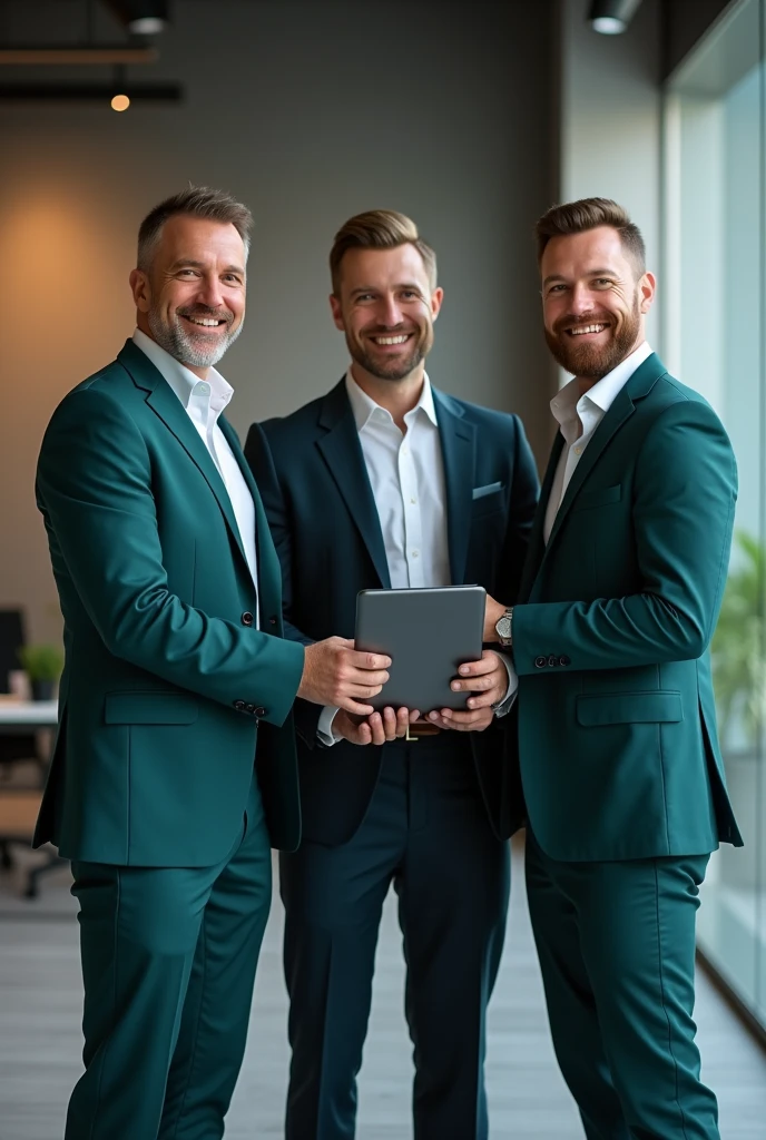 A 3 businessman man standing happily holding a tablet in a dark teal green suit with a tablet in a modern office.