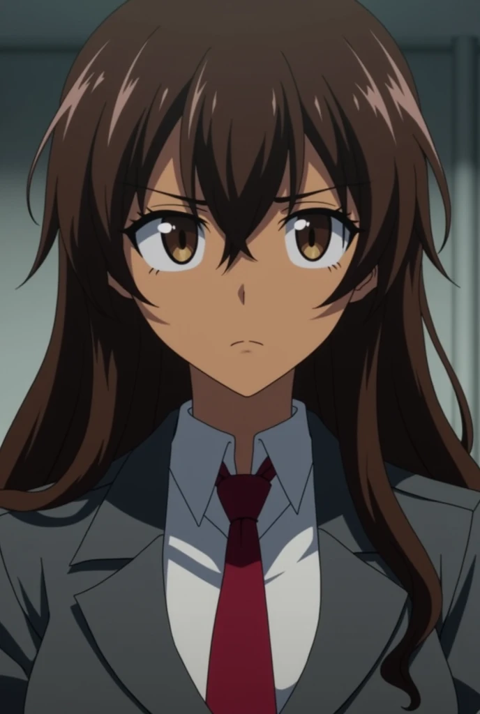 boku no hero screenshot, beautiful woman, dark brown skin tone, long wavy dark brown hair, oval face shape,slanted eyes, dark eyes, serious expression on the face,uniform gray coat red tie, 