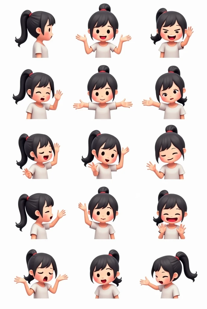 Cute girl with single ponytail,T-shirt jeans。Facial Expressions,(9 Emojis,Emoticon table,Alignment),9 poses and expressions(happy,Grief,amaze,Excited,Giggles,Smell the rat,angry,Pat your head,Acting cute, wait),Anthropomorphic style,Black stroke,Various emotions,9 poses and expressions,8k