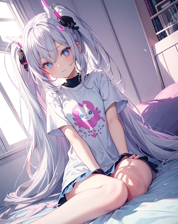 very beautiful，Succubus，Gray Hair，Pink elements in hair，Super cute face，Light blue elements on fur，Eyes glowing pink，White T-shirt，Blue elements in clothes，Sit on the bed，View from below，Beautiful light and shadow，Ambient Light，Very delicate skin，Volumetric Light