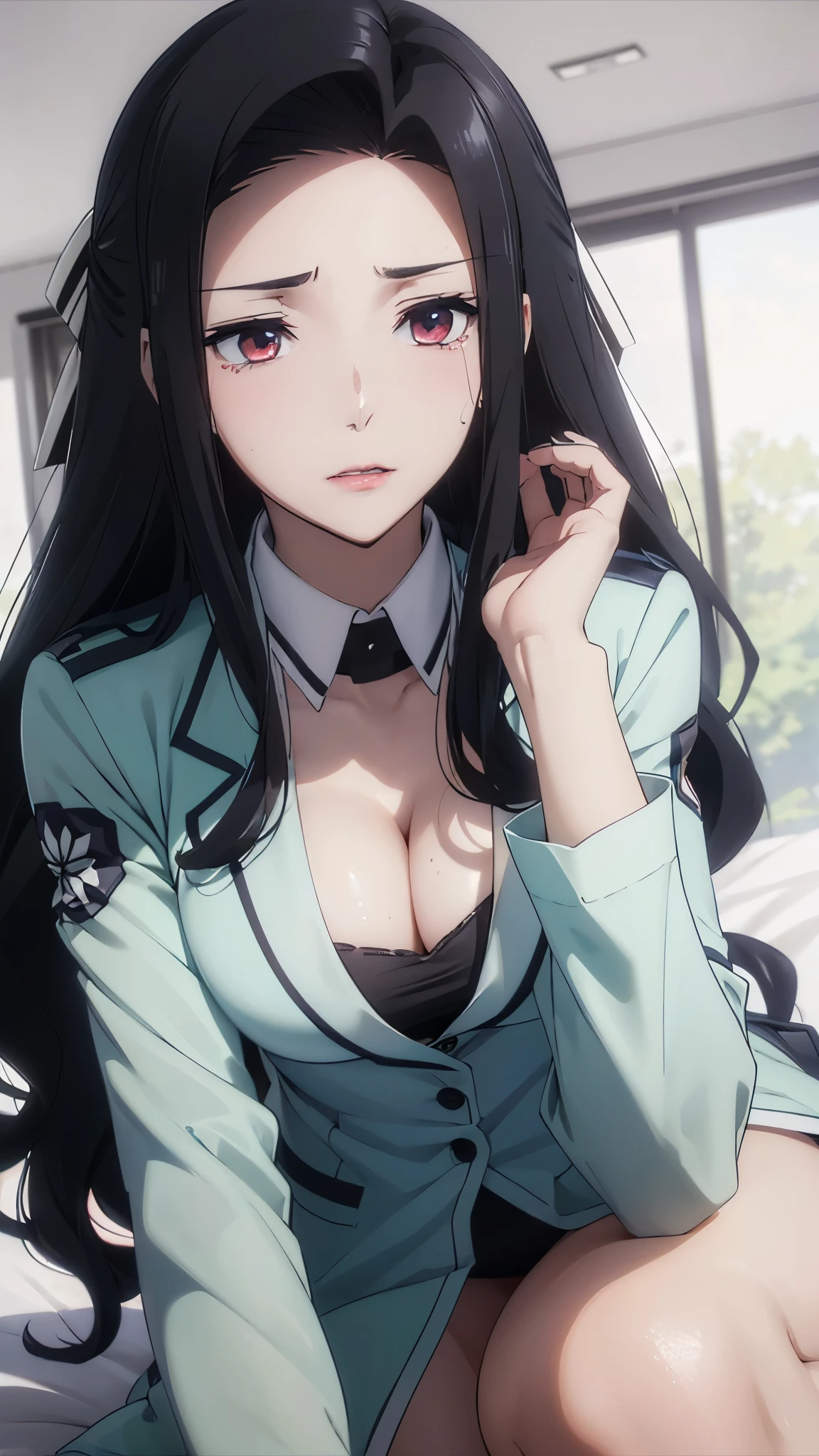 1 personの, alone, masterpiece, Highest quality, The Irregular at Magic High School, Mayumi Saegusa,Mayumi Saegusa, iris, Red eyes, eyelash, Black Hair, Long Hair, Back ribbon,High School Uniform, dress, white dress, collared dress, Jacket, green Jacket, cropped Jacket, open Jacket, Long sleeve, Large Breasts, (masterpiece: 1.3), (Maximum resolution: 1.2), (Ultra High Definition TV: 1.2), Cinematic Light, 8k resolution, Detailed facial features , (Sharp focus: 1.2）, (Focus on the face:1.2),Perfect Style, Beautiful Face, Acura, Anatomically correct, Highly detailed face and skin texture, Beautiful Eyes,Beautiful Eyes, Thin eyebrows, Natural Cheeks, Glowing Skin, Fair skin: 1.2, (Glossy Lips: 1.4),、 (Embarrassed look: 1.2),Highly detailed face and skin texture, Natural Cheeks, , Glossy Lips: 1.4,Perfect Style、Cleavage、Soft Breasts、（Semen on chest:1.6）（Cum on thighs 1.5）、 Sperm on tongue、Drenched in sweat、Wet clothes、blush、A humiliating look、Anxious expression、Frightened expression、Embarrassed look、Glare、anger、sorrow、tears、（Open your knees:1.5）、（Spread your legs:1.5）、 White underwear、Disheveled clothes、sweating、Thin underwear、1、 clear, A clean-cut woman,1 person、 Upward-facing chest, Black Hair、blue eyes、Beautiful Eyes、Torn clothing、（masturbation behavior:2.0）、At the bed、（On my back、At the bedLying down、Lying down、White sheets:1.7）、avert your eyes、