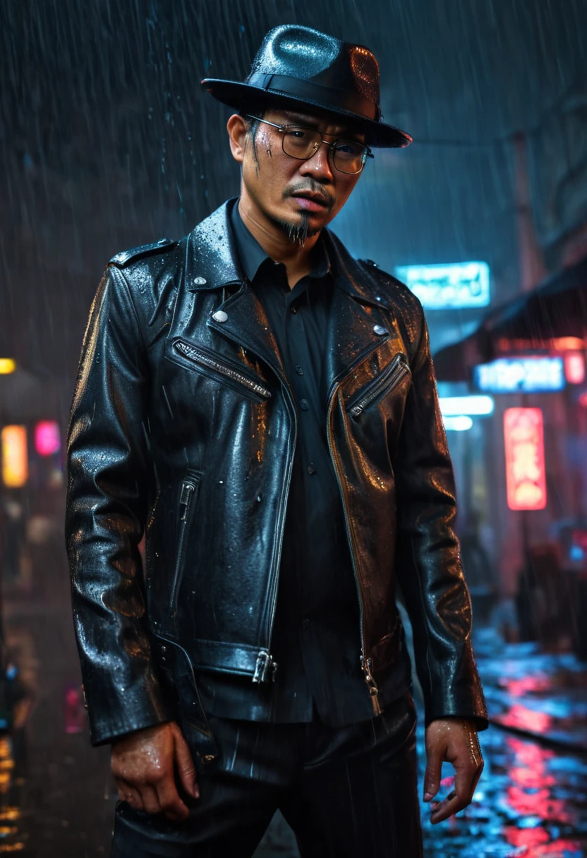 4d realistic of tough Indonesian man 45 yo, thick frame Glasses, full body, man in a black leather jacket, black gangster felt hat, black business suit, part of a dragon tattoo visible on his neck, mean expression, rainy Yogyakarta night, (best quality,4k,8k,highres,masterpiece:1.2),ultra-detailed,(realistic,photorealistic,photo-realistic:1.37), standing in fighting pose, chiaroscuro lighting, dramatic cinematic lighting, hyper realistic, highly detailed face, extremely detailed eyes and face, long eyelashes, sharp focus, vivid colors, dark moody atmosphere, neon lights, rain effects, gritty urban environment, cyberpunk, neo-noir, concept art, digital painting