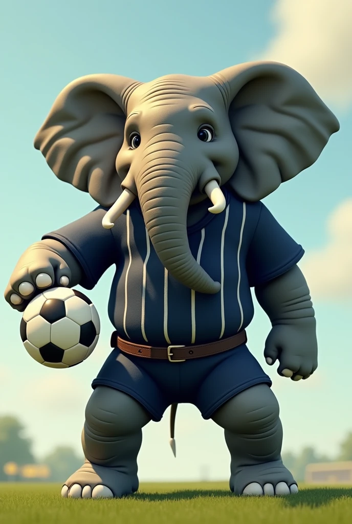 An animated elephant with a strong look, He is standing in a dynamic pose like that of a football player.. He holds a soccer ball with one of his paws. He is wearing a dark blue sports shirt with white vertical stripes., similar to football shirts. The background of the image is simple, or it could represent a football field. The scene conveys energy and power.