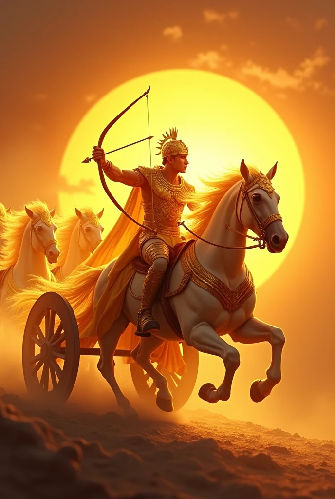 Charioteer of the Sun: "A charioteer warrior, inspired by the Sun God Surya, riding a radiant golden chariot pulled by seven divine horses. The warrior's armor is shining gold, with a helmet that resembles the sun's rays. He holds a bow and arrow, each arrow glowing with the power of the sun, ready to strike down evil. The background is a vibrant sunrise, with the sun's light breaking through the darkness, symbolizing the triumph of light over shadow."