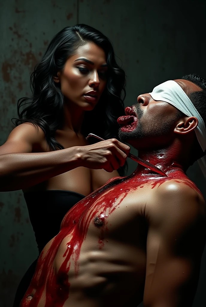 Realistic, A beautiful super black girl knife, cut throat A man blindfold neck bloody splash, full body, wide open throat, throat contents