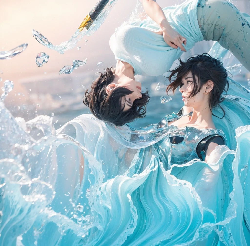 The artwork features two characters depicted in an intriguing arrangement. One character is upside down, while the other is right-side up, creating a paradox that draws the viewer's eye.
The separation between the characters is visually interesting, with one character lying above the water and the other partially submerged, enhancing the interaction between them and the environment.
Character Design
The character on top has sharp, angular features with an expression that seems contemplative or wistful. Their gaze is directed downwards, suggesting introspection or longing. They have tousled, dark hair that frames their face, adding to their emotional vibe. The movement in the hair suggests wind or the influence of the water.
The character on the bottom has a softer expression and appears to be gazing up, potentially at the character above, indicating emotional ties or connection. Their arm is partially robotic, suggesting a sci-fi or futuristic element, which hints at a backstory that could involve battles, survival, or transformation. The design of the arm adds a mechanical aesthetic that contrasts with the organic aspects of the other character.
Background and Foreground Elements
The waves are illustrated in a dynamic and fluid manner, capturing the essence of motion. The foamy crests contrast nicely with the otherwise smooth outlines of the characters, symbolizing both turmoil and beauty, aligning with the emotions conveyed in the characters’ expressions. A sword is positioned diagonally, almost hovering in the space above the water. Its placement may symbolize conflict, protection, or a pivotal moment in the narrative, adding an element of tension or readiness