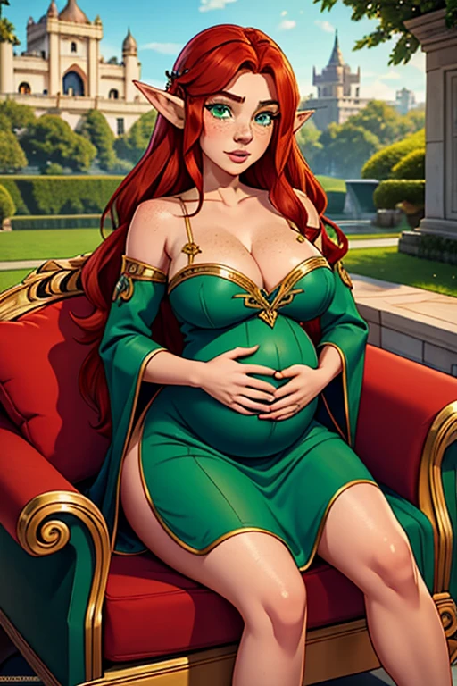 A beautiful female elf with long wavy red hair, pointed ears, green eyes, freckles, thin lips, and a round face, wearing a low-cut royal dress, with large breasts and wide hips, seated in a cushioned armchair holding her pregnant belly, looking at the viewer, in the palace gardens background