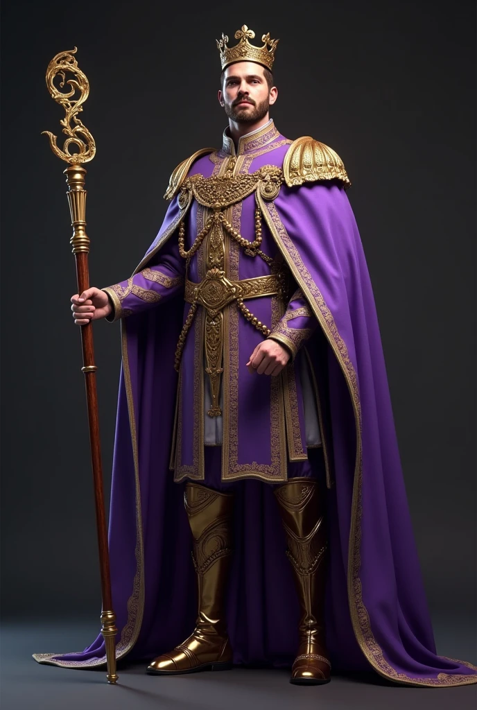 Man in noble robes, of fine fabric and purple color, with titles spread over his shoulder, wears a duke's hat without a crown and holds a gold-plated wooden staff in his hand
