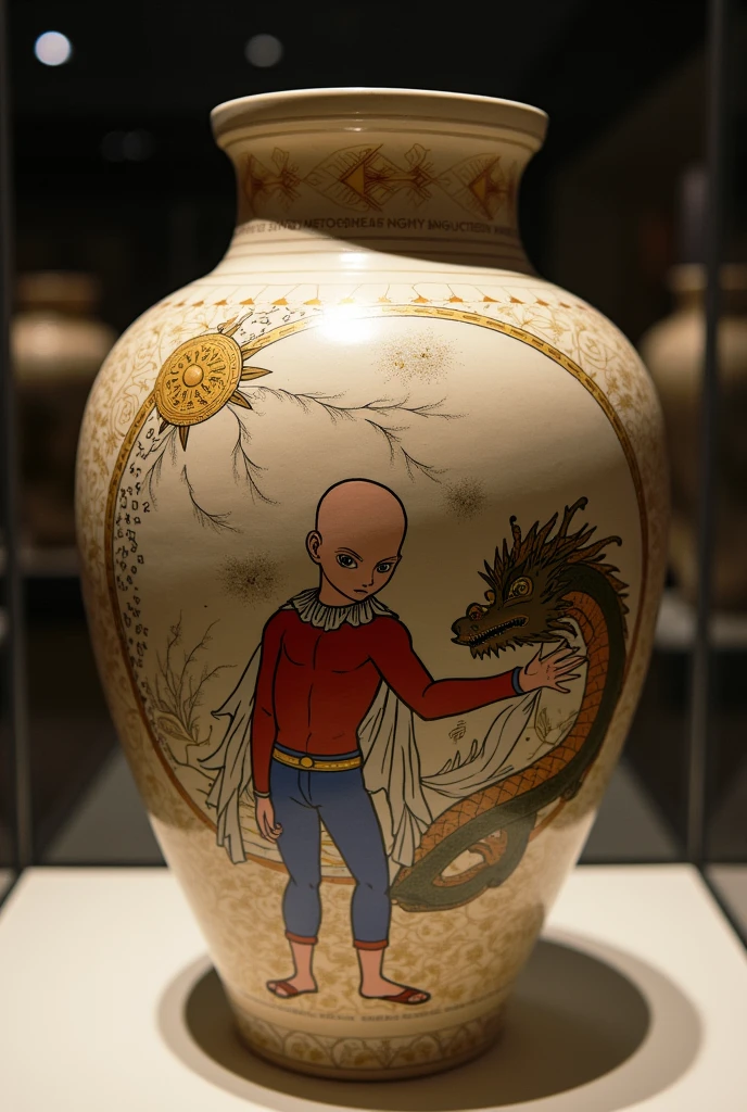 Ancient Japanese ceramic Urn, depiction of Saitama from One Punch Man confused dead dragon nearby, ancient artistic stylings, museum display case
