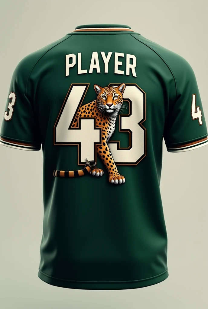 dark green shirt on the back with a realistic ocelot in the center and the number 43 on top in white,and at the top the player name