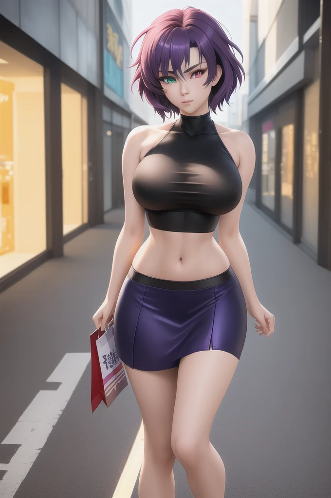 {{{masterpiece}}}, {{detailed}}, {detailed background}, {best quality}, high quality, high-definition, 4k, lights, glares, {detailed eyes}, motoko kusanagi, shoulder length messy brown hair, heterochromia red and grey, white crop top with black symbols and pink skirt, happy, shopping, Full body Beautiful anime style woman, clean detailed faces, intricate clothing, analogous colors, glowing shadows, beautiful gradient, depth of field, clean image, high quality, high detail, high definition, Luminous Studio graphics engine, cute face, slim waist, nice hips,