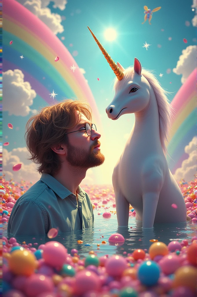 Generate John Lennon with a dolphin and a unicorn with rainbows and candy