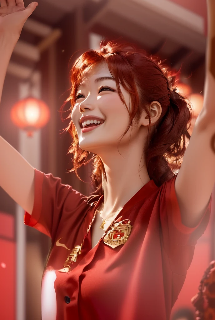 A giraffe woman in a red shirt is raising her arms, beautiful south Korean women, gorgeous young Korean women, Korean women, Korean Girls, beautiful young Korean women, 若いAsian Woman, Asian Woman, Chinese Girl, Anime Thai Girl, A bright and happy atmosphere, She is smiling and excited, She is smiling and happy, Chinese women