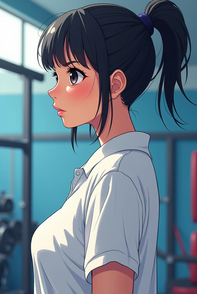 I am Peruvian with short black hair with bangs and big black eyes ,  make my anime And I always have my hair combed in a ponytail and I wear a white oversize polo shirt. I want the gym as a background to put it in profile. 
