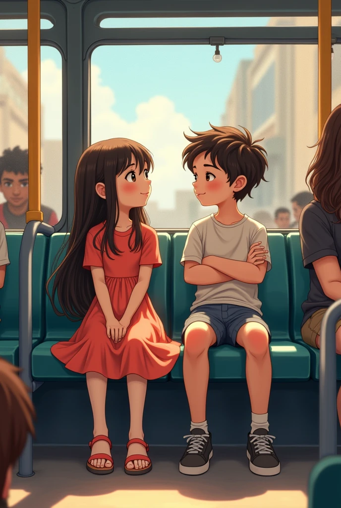 Next to each other
A girl and boy sitting in bus