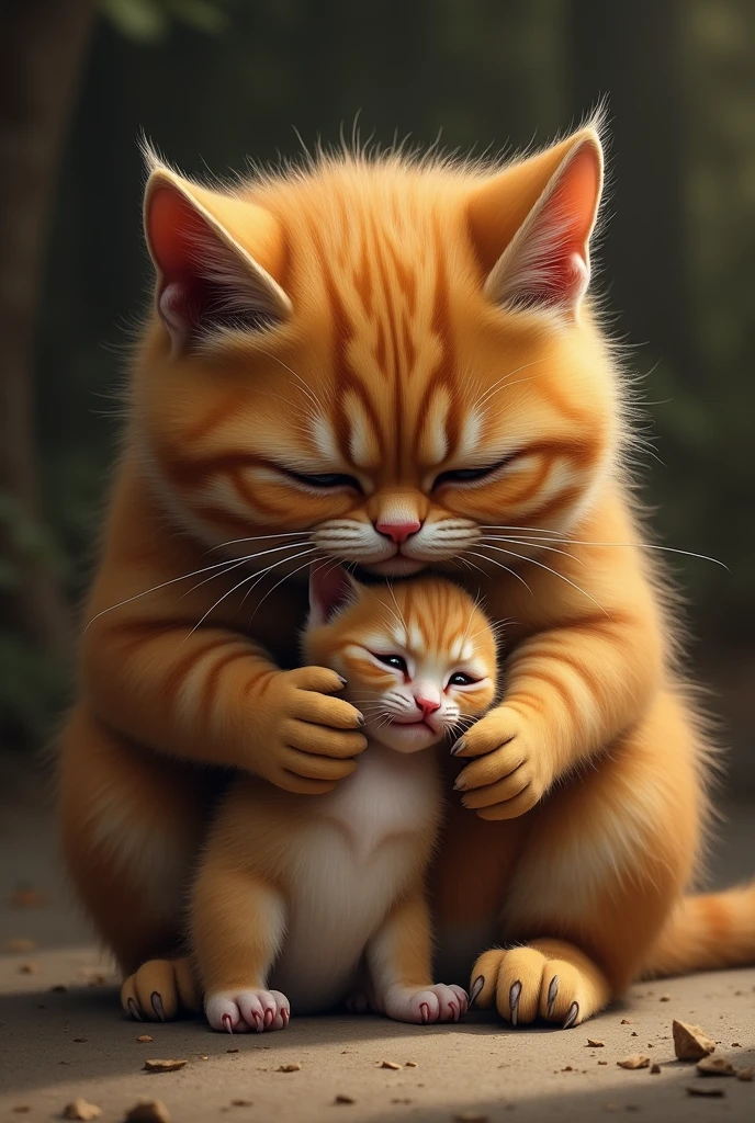 An orange, realistic, Pagnent chubby cat is hurt by the pain of his baby