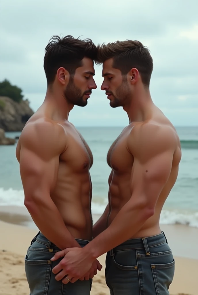 two handsome boy holdinb eachother hand, shirtless in the seaside, one dominant and the other one Submissive