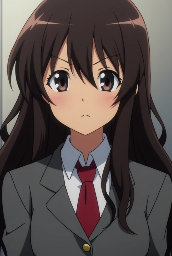 boku no hero screenshot, beautiful woman, dark brown skin tone, long wavy dark brown hair, round face shape,slanted eyes, dark eyes, serious expression on the face,uniform gray coat red tie, 