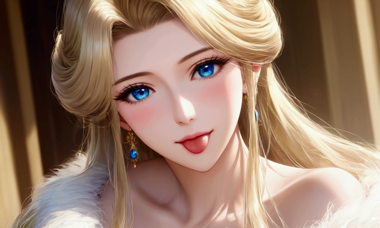 score_9, score_8_Excellent, score_7_Excellent,非常にbeautiful女性の顔,Mature Woman,anime,Unreal beauty,Eyes that seem to be sucked in,beautiful化粧,ゆるくウェーブの掛かった非常にbeautiful髪,Goddess of Fantasy,Royal Queen,Luxury bedroom,Rin々A funny expression,A look full of self,Enchanting,Slightly sticking out tongue,(masterpiece, Highest quality, Highest quality, Official Art, beautiful,beautiful:1.2), (One person), Very detailed,Most detailed, Perfect Face,CG Association Hot Topics, 8K high resolution, Detailed Art,Blonde,High resolution decoration,Very long eyelashes,Perfect Eyes,Blue Eyes