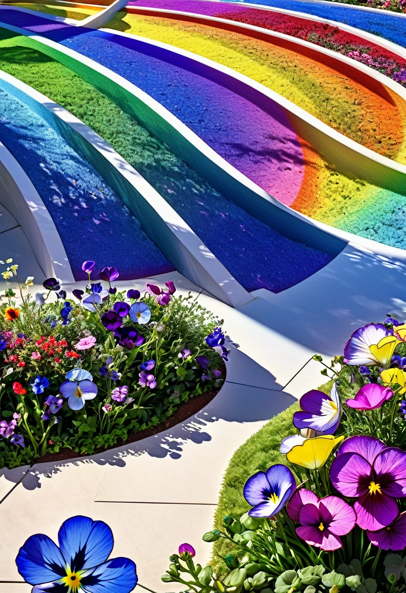 fusion of acrylic and collage paintings, high and fine artwork, nemophila, rainbow colored pansies, flower bed, shadows, contrast, conceptual installation art, (ultra detailed, absolutely resolution, best quality:1.3), 2.5D, delicate and dynamic effects, iridescent effects, artistic photography, hyper realistic, graphic CG digital art