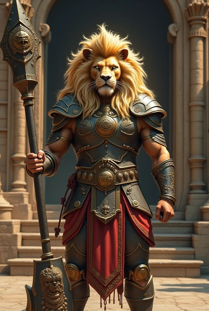 Elephant-Hearted Warrior: "A warrior inspired by Lord Narasimha, the lion-headed avatar of Vishnu. His face is a blend of human and lion features, with a mane of golden hair flowing around his face. His armor is crafted with the symbols of Vishnu, and he holds a massive mace, with the image of Narasimha engraved on it. The warrior stands in front of a temple entrance, roaring with righteous fury as he prepares to protect the innocent from evil."