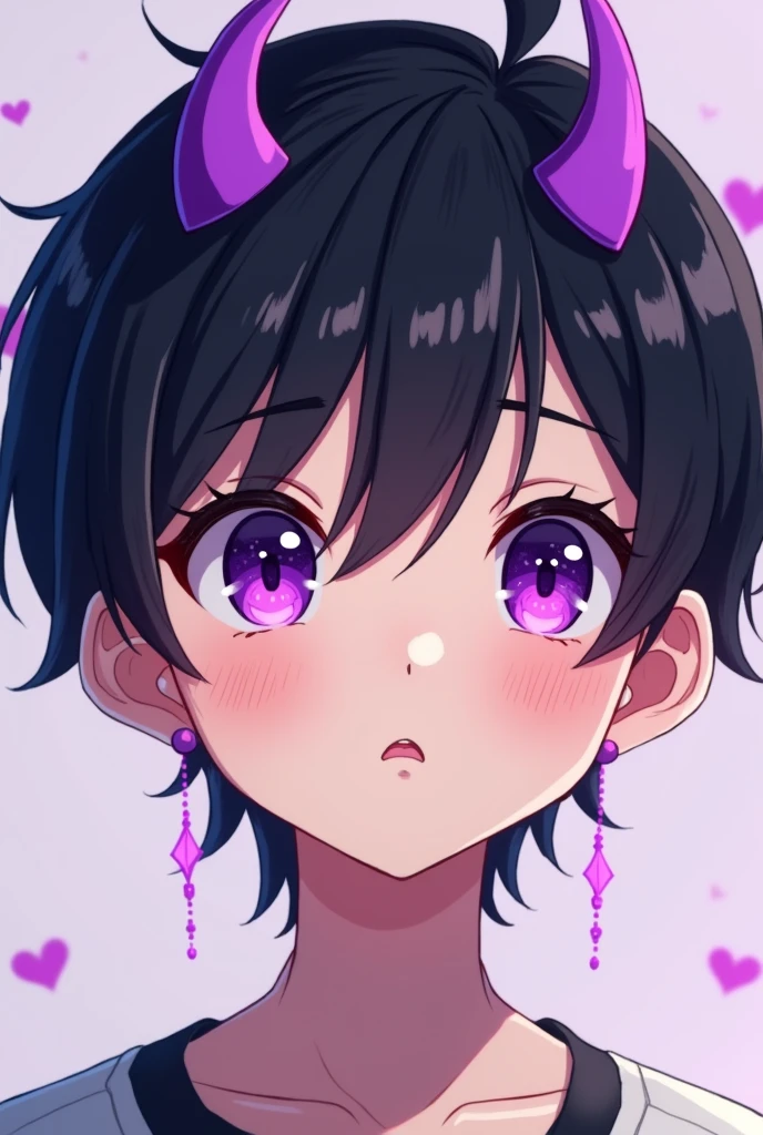 Boy young with purple horns and purple eyes and black hairstyle and style anime and cartoon boy without earrings