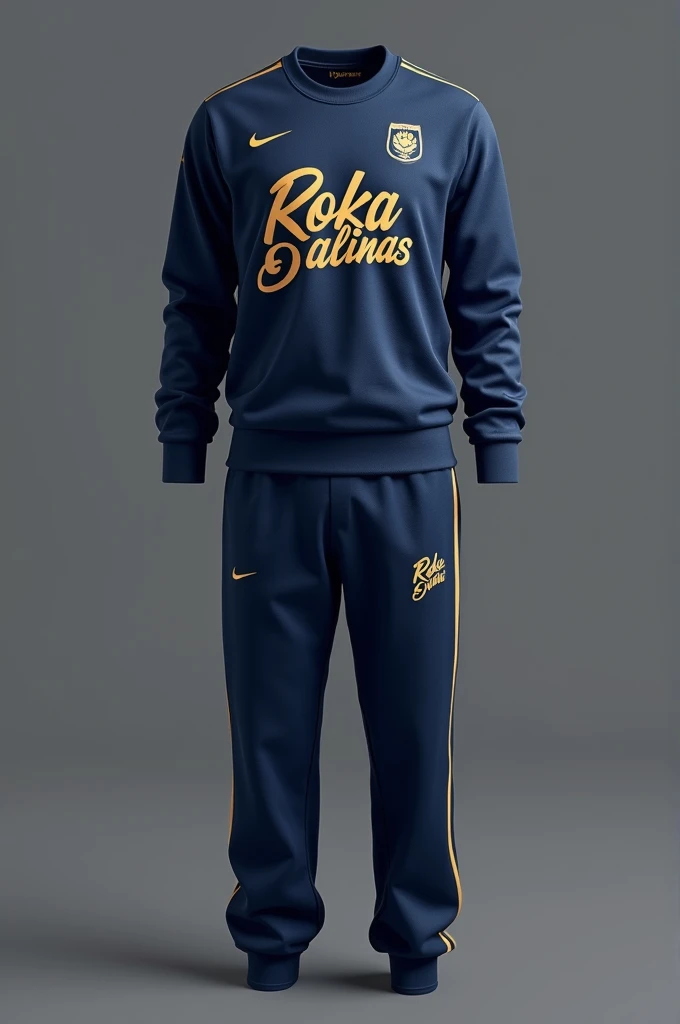 Can you create a pants and sweater design for me?, Let it be a design for a boxing team, elegant and pretty, but also elegant, I want it in blue, gray or black and for it to say the word ROKA SALINAS, I don't want any more images or text.. type Adidas and Canelo Álvarez or boxers have stopped wearing jerseys