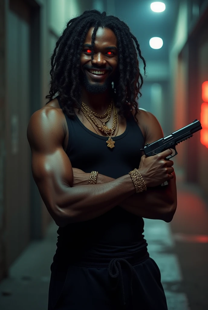 (photorealism:1.2), handsome black man, with long curly hair, smiling, vampire, holding gun, full body, dynamic, red eyes, golden grillz, night time, wearing black tank top, wearing sweatpants, crossing his arms,